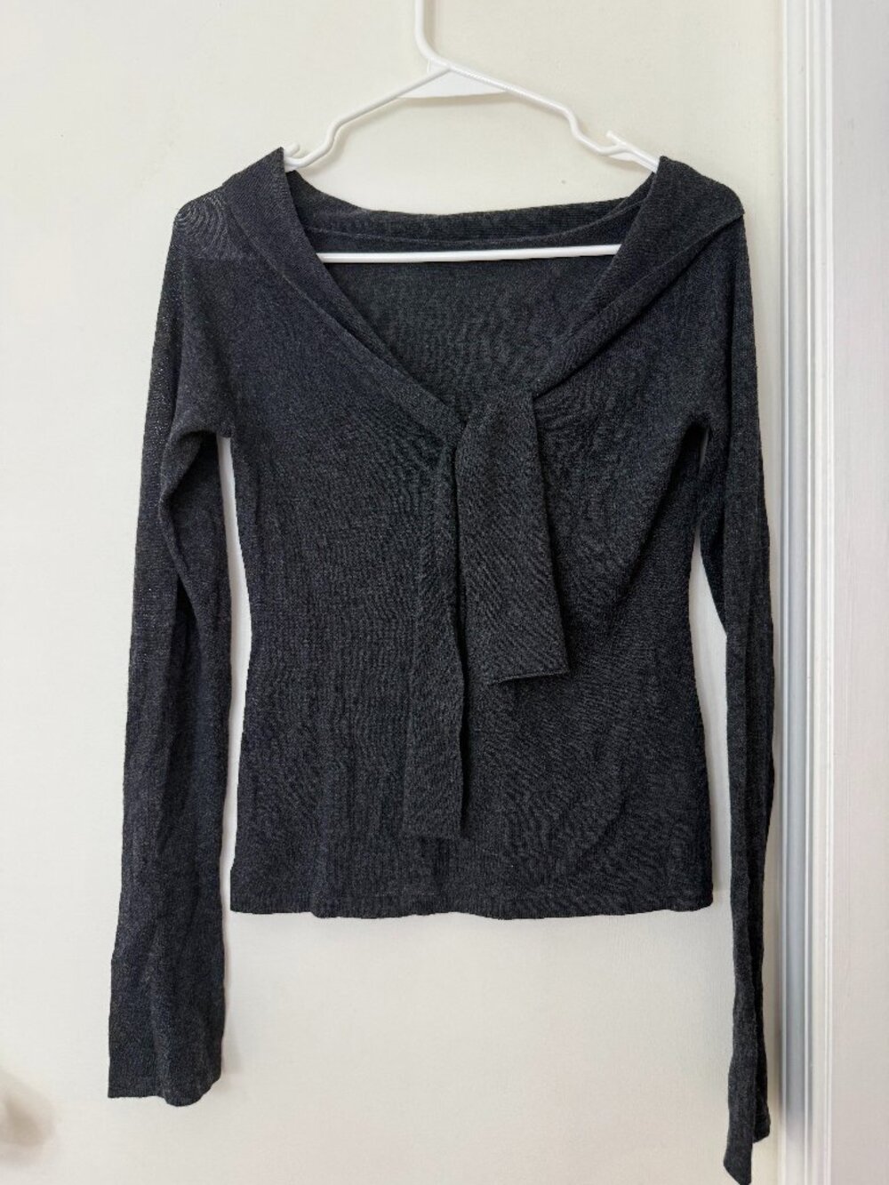 Dark Gray Tie-Neck Fitted Knit Sweater Top – Size S